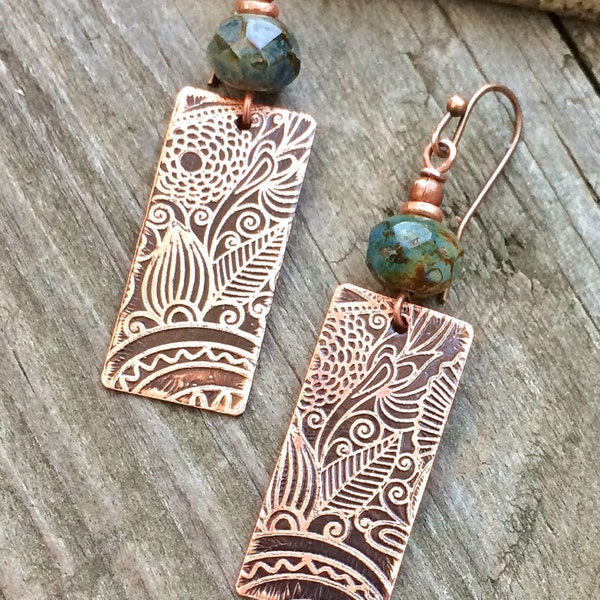 Etched Copper Earrings, Copper Jewelry, Ethnic Inspired Earrings, 7th Anniversary Gift Women, Unique Copper Jewelry, Copper Etched Jewelry