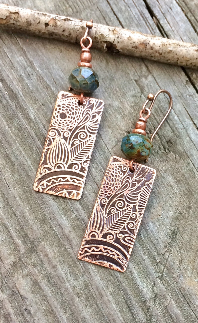 Etched Copper Earrings, Copper Jewelry, Ethnic Inspired Earrings, 7th Anniversary Gift Women, Unique Copper Jewelry, Copper Etched Jewelry image 1