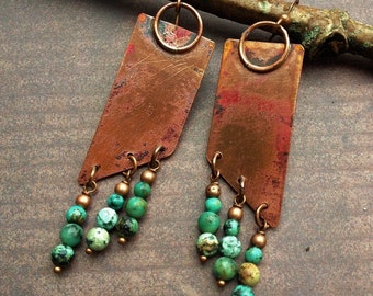 Copper Earrings - Copper Jewelry - African Turquoise Earrings - Geometric Earrings - Geometric Copper Jewelry - Turquoise Copper Earrings