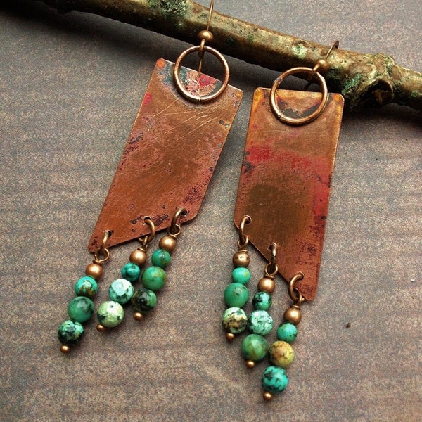 Copper Earrings - Copper Jewelry - African Turquoise Earrings - Geometric Earrings - Geometric Copper Jewelry - Turquoise Copper Earrings