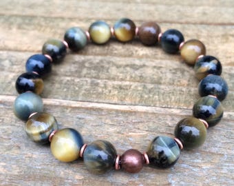 Blue Yellow Tiger's Eye Stone Stretch Beaded Bracelet