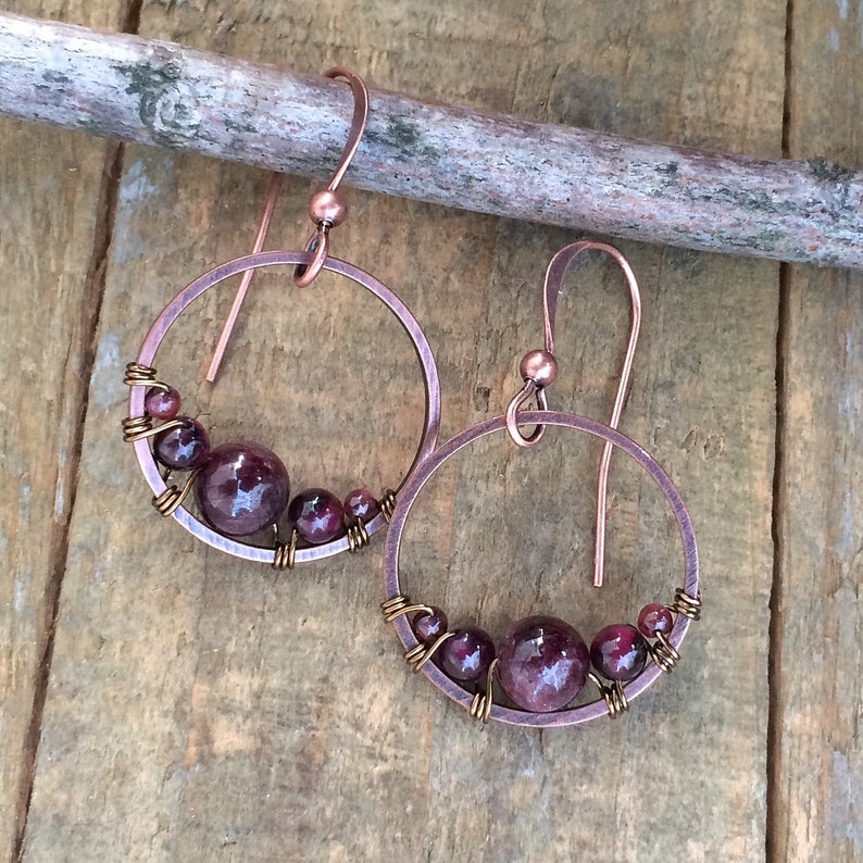 Garnet Earrings, Small Garnet Hoop Earrings, Red Garnet Jewelry, Copper Hoop Earrings, Copper Jewelry, Garnet Jewelry Set image 3