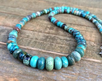 Turquoise Statement Necklace, American Blue Green Turquoise with Antiqued Silver Accents, December Birthstone Jewelry