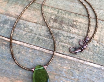 Green Czech Glass Teardrop Beaded Necklace, Antiqued Copper Beaded Jewelry Set