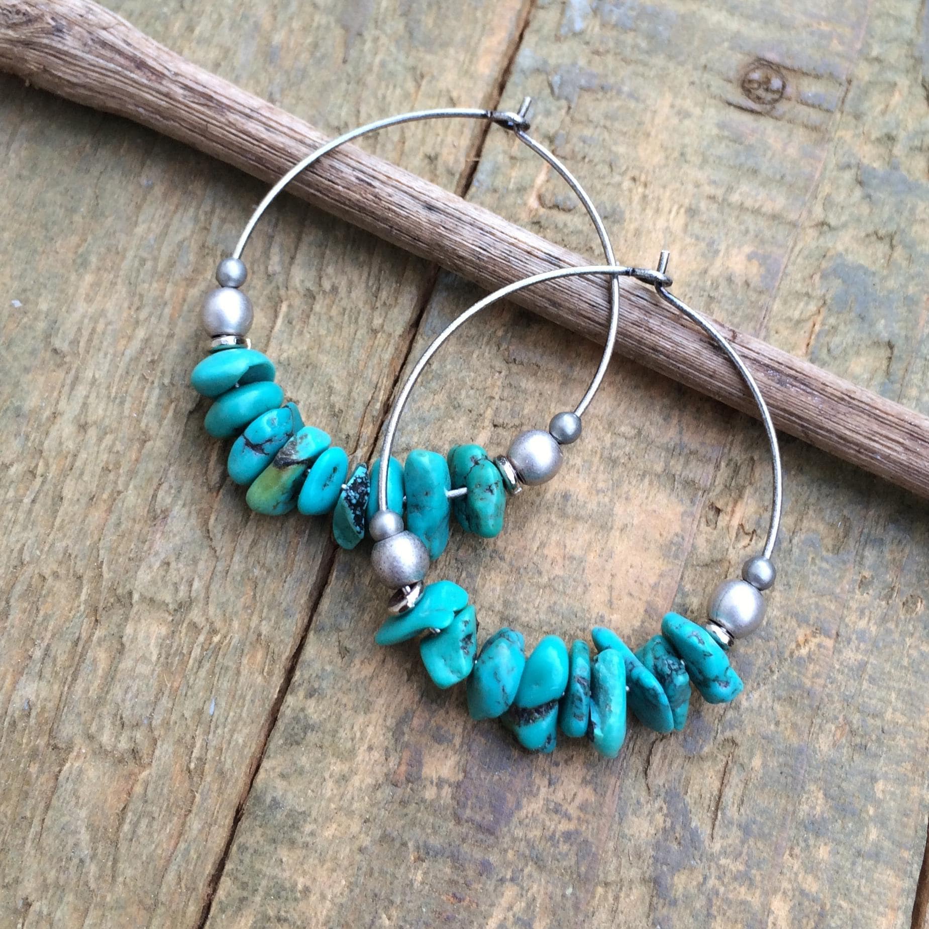 Silver and Turquoise Hoop Earrings, Genuine Turquoise Jewelry, Boho Hoop Earrings, Turquoise Earrings, Southwestern Hoop Earrings