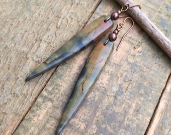 Edgy Green Dagger Jasper and Copper Earrings, Statement Jewelry