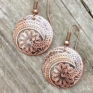 Etched Copper Earrings, Copper Jewelry, 7th Anniversary Gift, Unique Gift Jewelry, Copper Drop Earrings, Etched Copper Jewelry