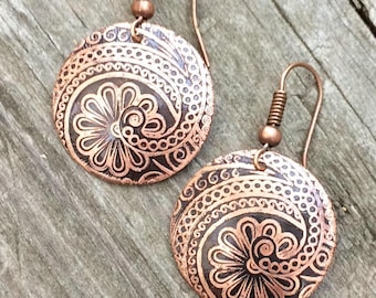 Etched Copper Earrings, Copper Jewelry, 7th Anniversary Gift, Unique Gift Jewelry, Copper Drop Earrings, Etched Copper Jewelry
