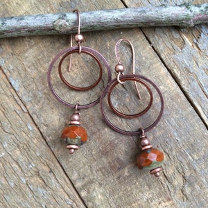 Burnt Orange Earrings, Burnt Orange Jewelry, Copper Dangle Earrings, Orange Hoop Earrings