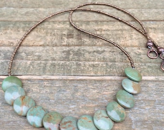 Green Turquoise Beaded Necklace, Thin Layering Stone Necklace