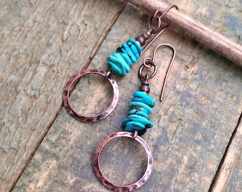 Turquoise Copper Dangle Boho Earrings, Small Turquoise Drop Earrings, Blue Green Turquoise Chip Jewelry, Small Copper Earrings