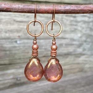 Boho Dangle Teardrop Earrings, Rose Gold Earrings, Gift for Her, Copper Drop Earrings, Pink Dangle Earrings, Pink Jewelry, Gift for Mom