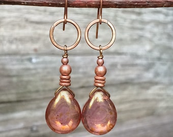 Boho Dangle Teardrop Earrings, Rose Gold Earrings, Gift for Her, Copper Drop Earrings, Pink Dangle Earrings, Pink Jewelry, Gift for Mom