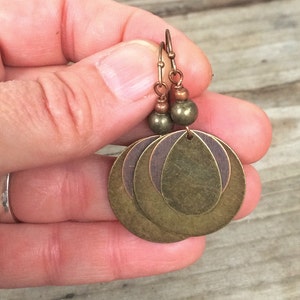 mixed metal dangle earrings. Brass and copper mixed metal jewelry.
