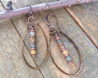 Jasper Hoop Earrings, Jasper Stone Earrings, Yellow Stone Jewelry, Earthy Neutral Earrings, Hammered Copper Earrings, Copper Jewelry