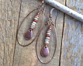 African Opal Jasper Earrings, Natural Stone Hoop Earrings, Neutral Earthy Jewelry, Hammered Copper Hoop Earrings, 7th Anniversary Jewelry