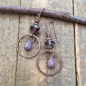 Purple Drop Earrings, Purple Glass Jewelry, Copper Dangle Earrings, Artsy Earrings, Copper Drop Earrings, Czech Glass Earrings