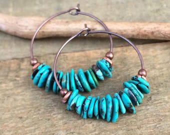 Blue Green Turquoise Chip Hoop Earrings, Matching Jewelry Set