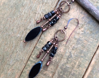 Black Czech Glass Chandelier Dangle Earrings, Boho Black and Copper Jewelry