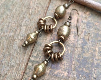 Ethnic Brass Dangle Earrings, Rustic Brass Jewelry, Bohemian Style Earrings, Brass Dangle Drop Earrings