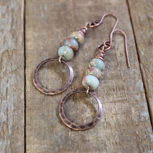 African Opal Earrings, Small Bohemian Earrings, Hammered Copper Earrings, Earthy Jewelry, Small Copper Dangle Drop Earrings