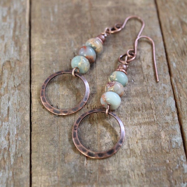 African Opal Earrings, Small Bohemian Earrings, Hammered Copper Earrings, Earthy Jewelry, Small Copper Dangle Drop Earrings