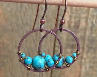 Blue Turquoise Wire Wrapped Beaded Hoop Earrings, Small Copper Dangle Earrings