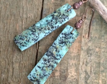 African Turquoise Geometric Bar Earrings with Antiqued Copper Accents, Mint Green Stone Jewelry