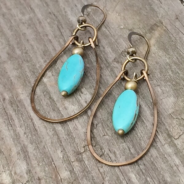 Messing oorbellen van ebben hout, Turquoise Earrings, Turquoise Hoop Earrings Hoop Earrings bengelen Hoop Earrings, Turquoise Jewelry, messing Hoop Earrings Hoop Earrings, koperen sieraden