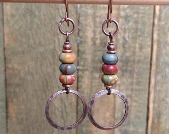Red Creek Jasper and Copper Dangle Earrings, Earthy Bohemian Beaded Jewelry