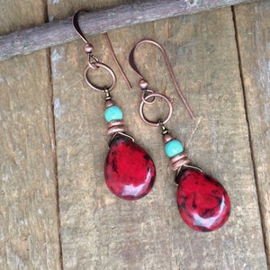 Red Dangle Earrings, Red Teardrop Earrings, Red Boho Jewelry, Copper Drop Earrings, Red Czech Glass Jewelry