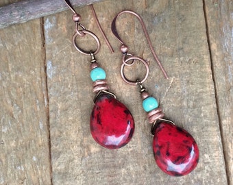 Red Dangle Earrings, Red Teardrop Earrings, Red Boho Jewelry, Copper Drop Earrings, Red Czech Glass Jewelry