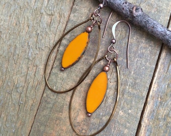 Orange Hoop Earrings, Colorful Orange Czech Glass Jewelry, Hammered Hoop Earrings, Boho Jewelry, Boho Dangle Earrings, Orange Spring Jewelry