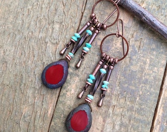 Red Czech Glass and Turquoise Dangle Earrings, Boho Dangle Earrings, Western Chandelier Drop Earrings, Red Glass and Turquoise Jewelry