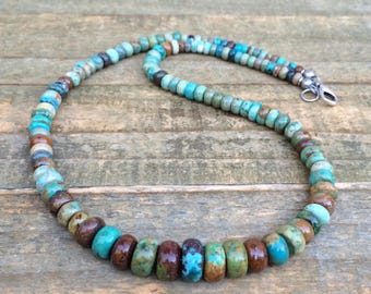 Turquoise Statement Necklace, American Blue Green Turquoise with Antiqued Silver Accents, December Birthstone Jewelry