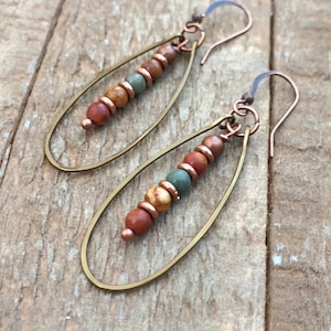 Boho Copper Hoop Earrings, Red Creek Jasper Stone Earrings, Jasper Jewelry, Small Hoop Earrings, Hammered Copper Earrings, Copper Jewelry