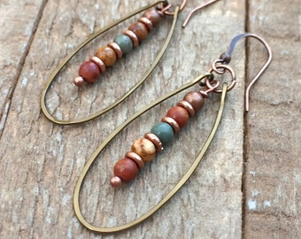 Boho Copper Hoop Earrings, Red Creek Jasper Stone Earrings, Jasper Jewelry, Small Hoop Earrings, Hammered Copper Earrings, Copper Jewelry