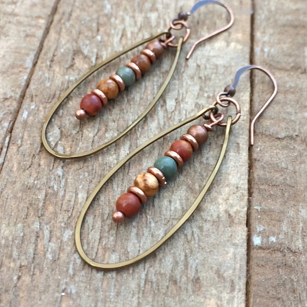 Boho Copper Hoop Earrings, Red Creek Jasper Stone Earrings, Jasper Jewelry, Small Hoop Earrings, Hammered Copper Earrings, Copper Jewelry