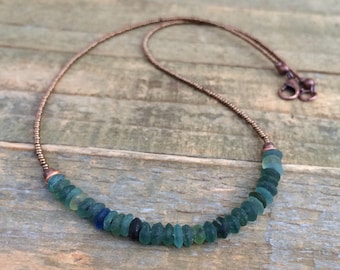 Beaded Necklace with Blue Green Roman Glass and Copper Accents, Beaded Jewelry with Glass and Copper Beads, History Lover Gift Idea