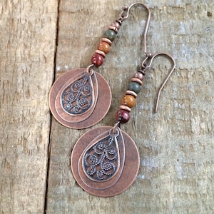Pendientes de jaspe bohemio, pendientes colgantes de cobre, joyas de jaspe rojo, pendientes de piedras de colores, joyería bohemia