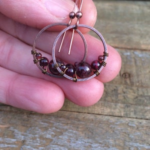 Garnet Earrings, Small Garnet Hoop Earrings, Red Garnet Jewelry, Copper Hoop Earrings, Copper Jewelry, Garnet Jewelry Set image 6