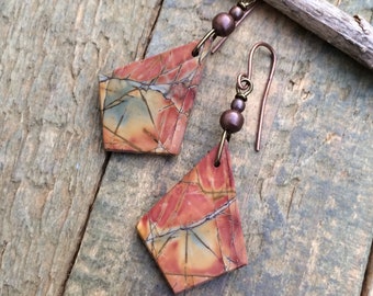 Jasper Dangle Earrings, Earthy Stone Drop Earrings, Copper Dangle Earrings, Jasper Stone Jewelry, Earthy Jewelry, Geometric Earrings