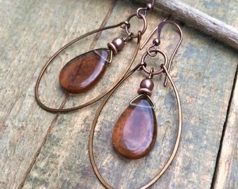 Brown Czech Glass Teardrop Hoop Earrings, Hammered Dangle Copper Earrings