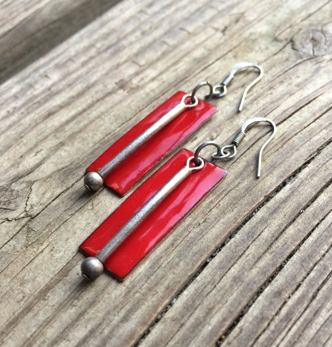 Rectangular Red Earrings Red Dangle Earrings, Red Geometric Jewelry, Copper Enamel Earrings, Red ...