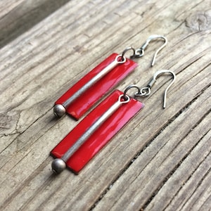 Red Dangle Earrings, Red Geometric Jewelry, Copper Enamel Earrings, Red Silver Earrings, Geometric Earrings