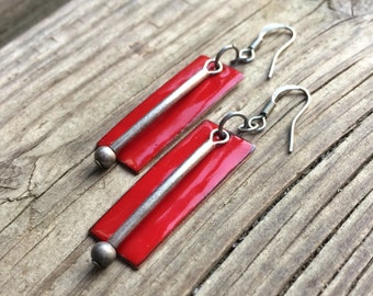 Red Dangle Earrings, Red Geometric Jewelry, Copper Enamel Earrings, Red Silver Earrings, Geometric Earrings