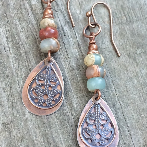 Copper Dangle Earrings, Copper Teardrop Earrings, African Opal Earrings, Natural Stone Earrings, Stone Jewelry, Earthy Earrings