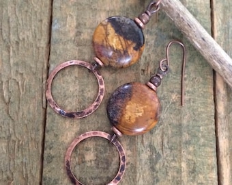 Yellow Red Creek Jasper Dangle Earrings with Hammered Antiqued Copper Dangle, Jasper Jewelry