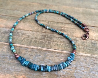 Chrysocolla and Apatite Choker, Colorful Bead Necklace, Stacking Layering Necklace, Blue Stone Bead Choker, Bead Jewelry, Beach Jewelry