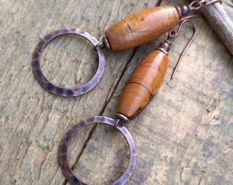Mustard Yellow Red Creek Jasper Dangle Drop Copper Earrings, Hammered Copper Jewelry